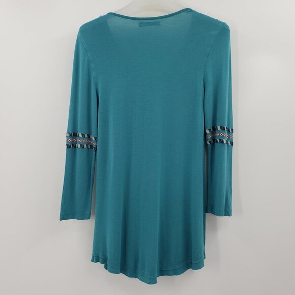 Caite Embroidered Tunic Top Women's S Teal Green V-Neck Curved Hemline Boho Long - Picture 6 of 8